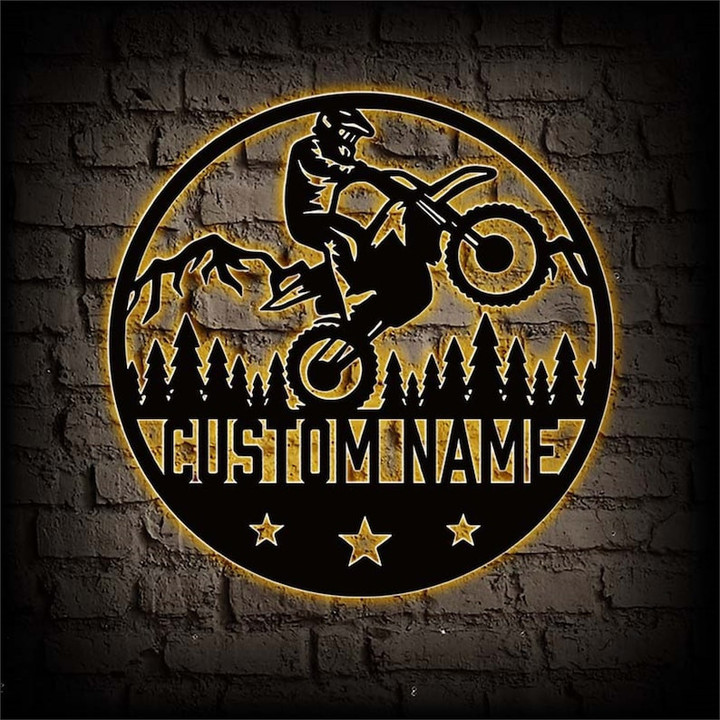 Custom Dirt Bike Metal Sign with Light Dirt Bike Metal Wall Art Personalized Biker Name Sign Motorcycle Garage Decor Motocross Rider Gift