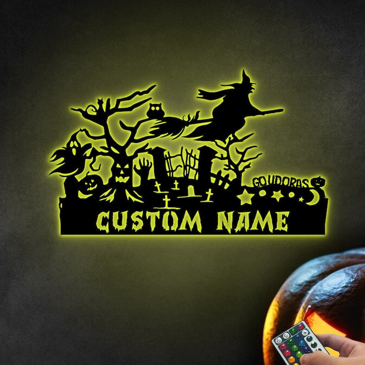 Customized Halloween Metal Sign With LED Light Witch On Broom Halloween Decoration Unique Sign Witches Sign