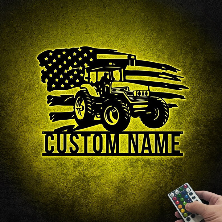 Personalized US Tractor Metal Sign With LED Lights Custom Tractor US Flag Sign Wall Decor Art Sign For Farm Farmer Gift Farmhouse Decor