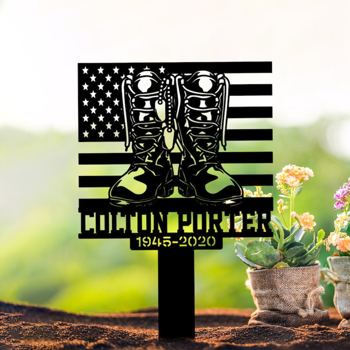 Personalized Memorial Stake With LED Light Boots And Tags Metal Stake In Memory Of American Flag Veteran Stake Sympathy Gift
