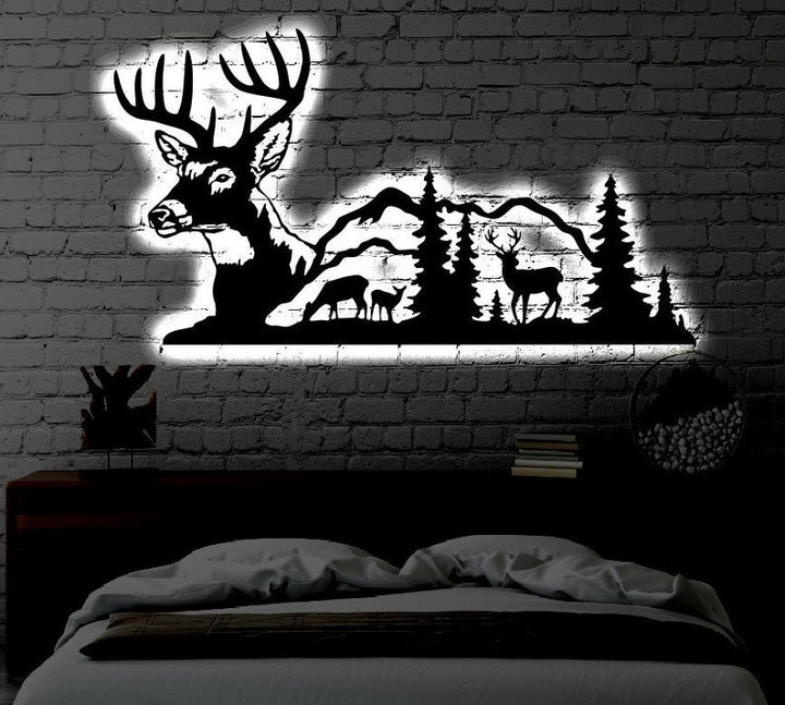 Mountain Deer LED Metal Art Sign Light up Mountain Metal Sign Multi Colors Mountain Sign Metal Mountain Home Decor LED Wall Art Gift