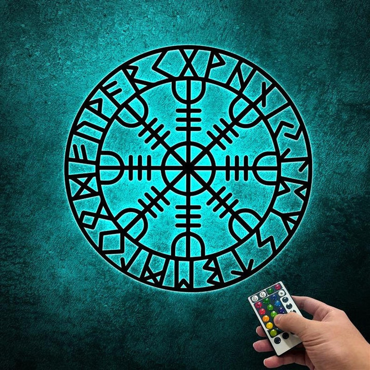 Viking Metal Sign With LED Light Nordic Mythology Large Decor Old Norse Protection Rune Viking Rune Sign Viking Compass Nordic Compass