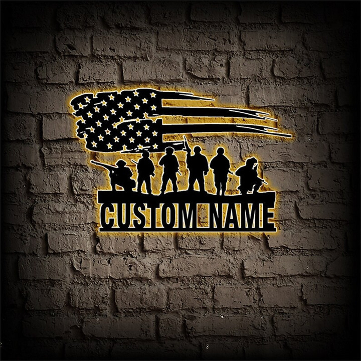 Custom US Soldier Metal Sign With Lights Soldier Military Metal Wall Art Veteran USA Flag Sign Personalized Army Name Sign 4th Of July Decor