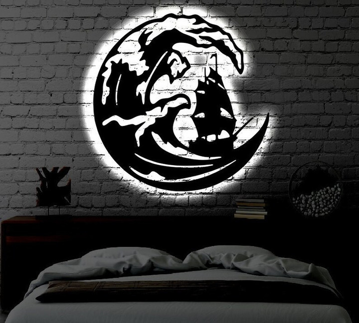 Waves and Boat LED Metal Art Sign Light up Wave Metal Sign Multi Colors Waves Sign Metal Sun Home Decor LED Wall Art Gift