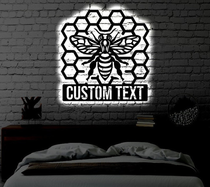 Personalized LED Bee Hive Metal Sign Light up Bee Wall Art Bee Hive Wall Art Fathers Day Gift Bee LED Art Sign