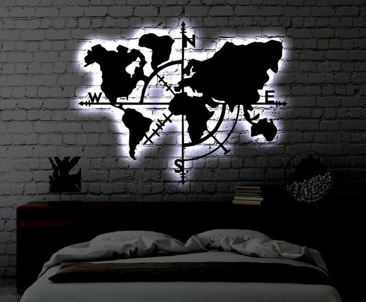 World Map Compass LED Metal Art Sign Light up World Map Metal Sign Multi Colors Compass Sign Metal Home Decor LED Wall Art Gift