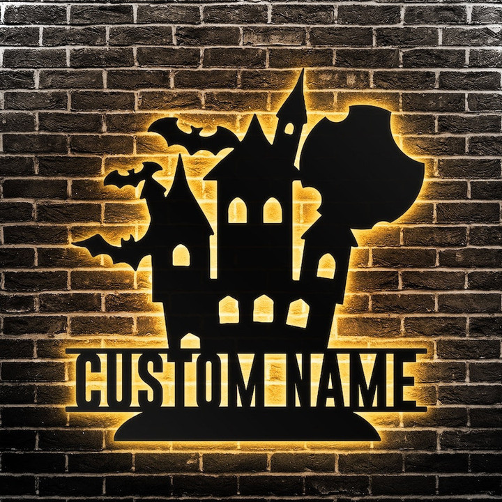 Custom Halloween Castle Metal Sign Halloween Metal Wall Art With Led Lights Personalized Halloween Sign Decor