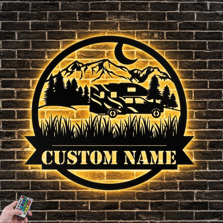 Custom Outdoor Metal Wall Art Personalized Camping Family Sign With Led Lights Rustic Campsite Sign