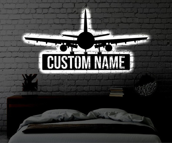 Personalized LED Airplane Metal Sign Light up Wall Art Plane Gift Metal Wall Art Air Plane Wedding Gift Metal LED Monogram Sign