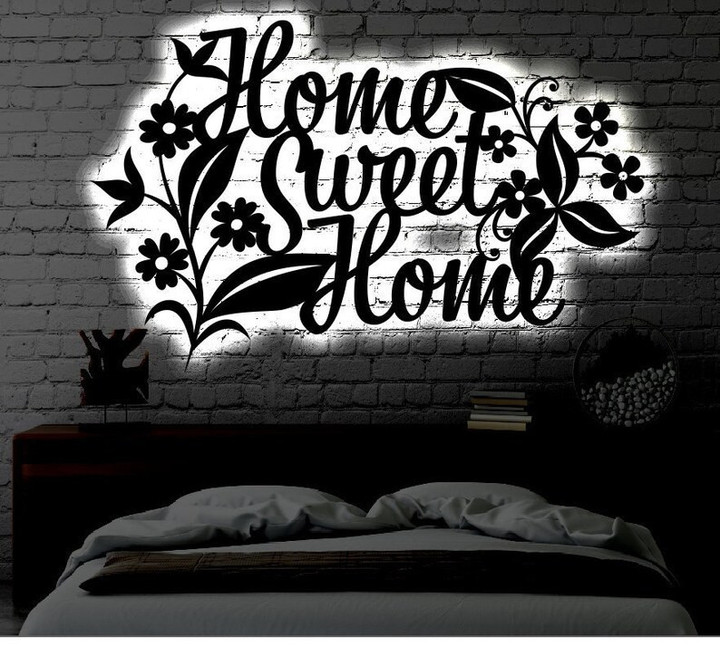 Home Sweet Home LED Metal Sign Light up Wall Art Flower Gift Metal Wall Art Flower Welcome Sign Wedding Gift Metal LED Sign