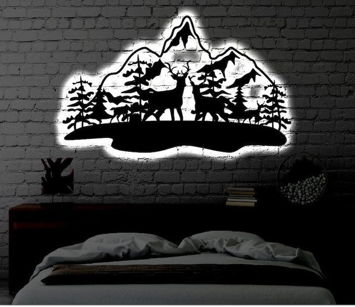 Mountain Deer LED Metal Art Sign Light up Mountain Metal Sign Multi Colors Mountain Sign Metal Mountain Home Decor LED Wall Art Gift