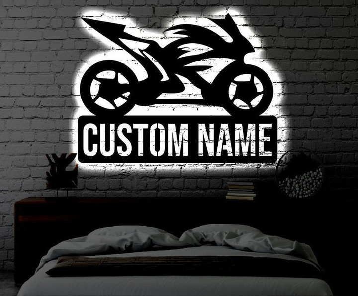 Personalized Speed bike LED Metal Art Sign Light up Sport Bike Motorcycle Name Metal Sign Multi Color Motorbike Art Metal Wall Art