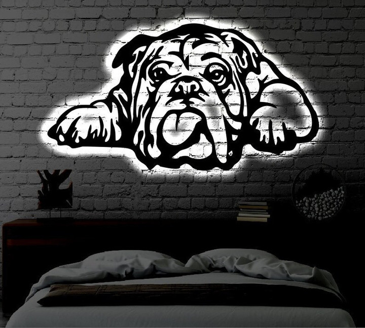Bulldog Dog LED Metal Art Sign Light up Bulldog Metal Sign Multi Colors Dog Sign Metal Animal Dog Home Decor LED Wall Art Gift