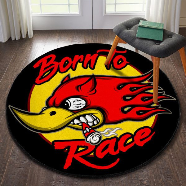 Hot Rod Woodpecket Born To Race Round Mat Round Floor Mat Room Rugs Carpet Outdoor Rug Washable Rugs Xl (48In)