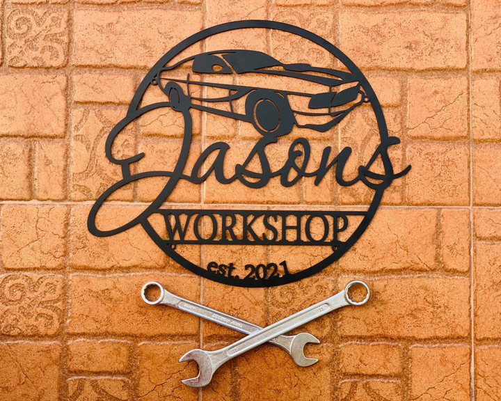 Custom Garage Est Sign Personalized Workshop Name Sign Gift For Dad Metal Wall Art Housewarming Plaque Car Shop Decor Man Cave Birthday Gift Laser Cut Metal Signs Custom Gift Ideas 12x12IN