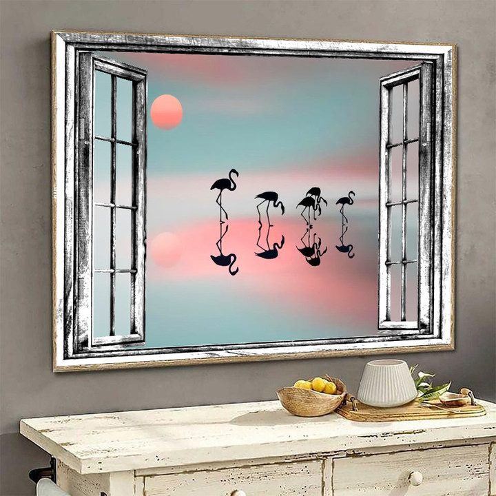 Flamingos Silhouettes 3D Wall Arts Painting Prints Home Decor Landscape Seen Through Window Scene Wall Mural, 3D Window Wall Decal, Window Wall Mural, Window Wall Sticker, Window Sticker Gift Idea 18x30IN