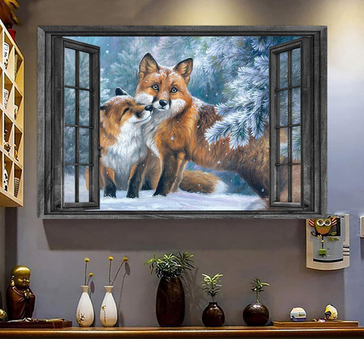 Fox 3D Wall Art Painting Art Wild Animals Home Decoration Easter Mother Day Landscape Seen Through Window Scene Wall Mural, 3D Window Wall Decal, Window Wall Mural, Window Wall Sticker, Window Sticker Gift Idea 18x30IN