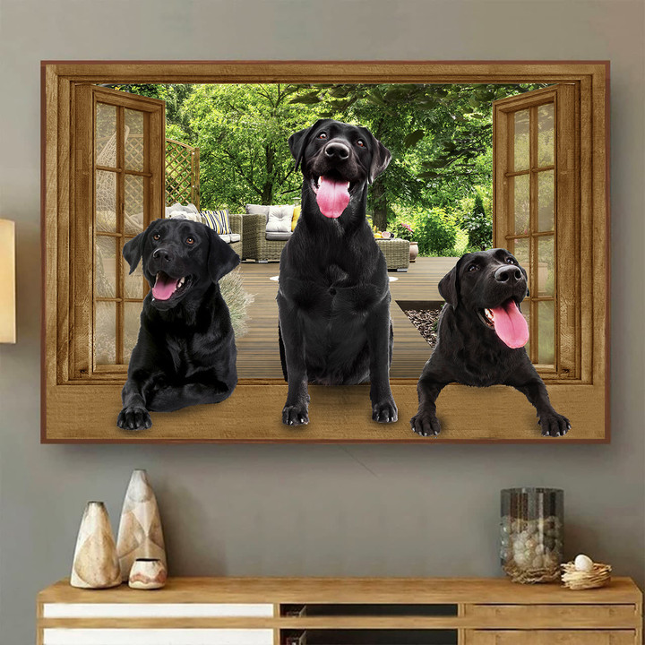 Funny Black Labrador Wall Art 3D Opend Window Home Decor Gift Dogs Lover Landscape Seen Through Window Scene Wall Mural, 3D Window Wall Decal, Window Wall Mural, Window Wall Sticker, Window Sticker Gift Idea 18x30IN