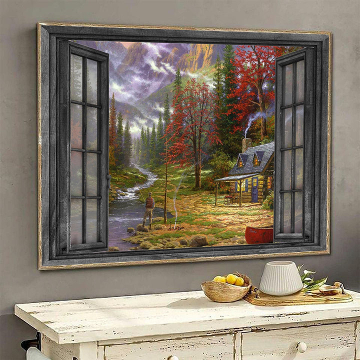 Fishing 3D Wall Art Painting Decor Mountain Forest Fishing Lover Landscape Seen Through Window Scene Wall Mural, 3D Window Wall Decal, Window Wall Mural, Window Wall Sticker, Window Sticker Gift Idea 18x30IN