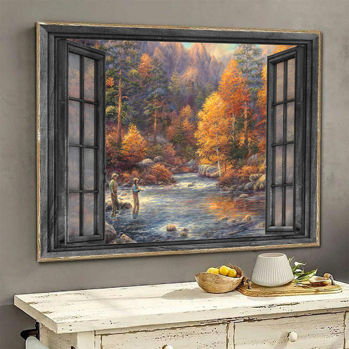 Fishing 3D Wall Art Painting Decor Streams In The Forest Fishing Lover Landscape Seen Through Window Scene Wall Mural, 3D Window Wall Decal, Window Wall Mural, Window Wall Sticker, Window Sticker Gift Idea 18x30IN