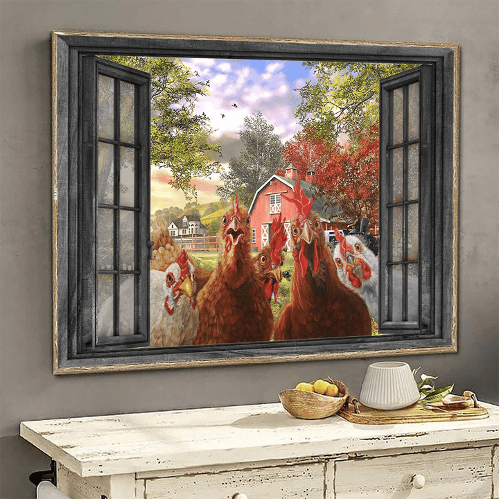 Funny Chicken 3D Wall Arts Painting Prints Home Decor Peaceful Farm Landscape Seen Through Window Scene Wall Mural, 3D Window Wall Decal, Window Wall Mural, Window Wall Sticker, Window Sticker Gift Idea 18x30IN
