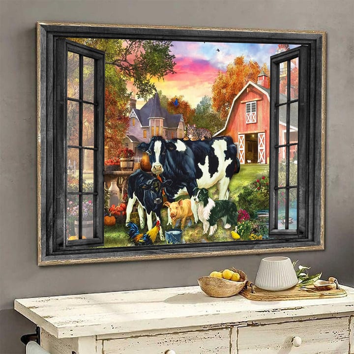 Funny Farm 3D Wall Arts Painting Prints Home Decor Pig Border Collie Daisy Cow Chicken Landscape Seen Through Window Scene Wall Mural, 3D Window Wall Decal, Window Wall Mural, Window Wall Sticker, Window Sticker Gift Idea 18x30IN
