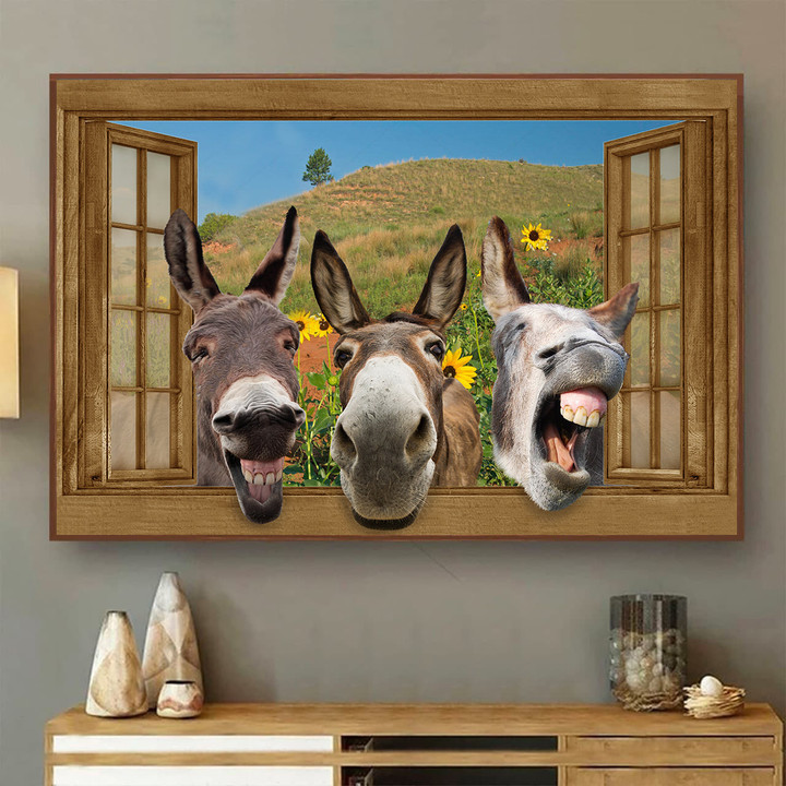 Funny Donkey 3D Wall Art Animals Lover Ld0575 Lad Landscape Seen Through Window Scene Wall Mural, 3D Window Wall Decal, Window Wall Mural, Window Wall Sticker, Window Sticker Gift Idea 18x30IN