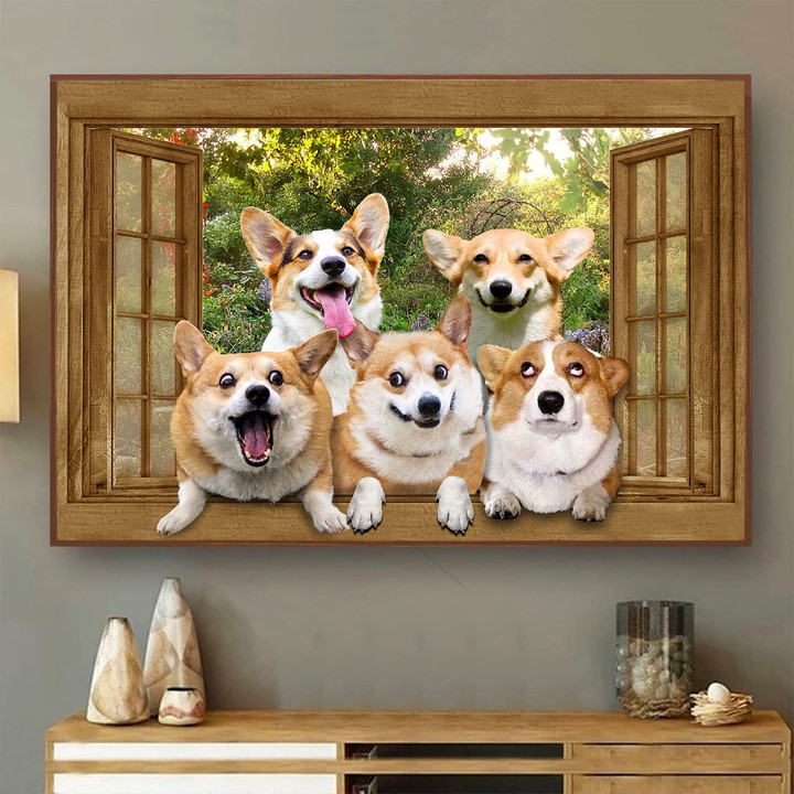 Funny Corgi 3D Wall Art Painting Wall Art Decor Dogs Lover Ld0569 Lad Landscape Seen Through Window Scene Wall Mural, 3D Window Wall Decal, Window Wall Mural, Window Wall Sticker, Window Sticker Gift Idea 18x30IN