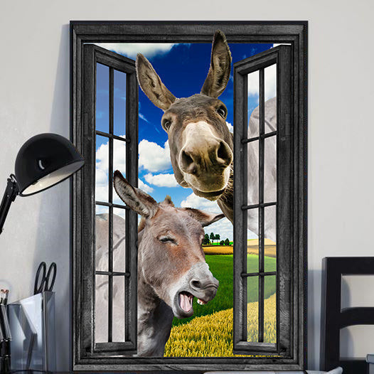 Funny Donkey 3D Wall Art Painting Prints Home Decor Gift Field Landscape Seen Through Window Scene Wall Mural, 3D Window Wall Decal, Window Wall Mural, Window Wall Sticker, Window Sticker Gift Idea 18x30IN