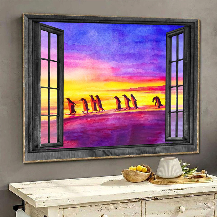 Funny Penguin Cute Wall Art 3D Painting Art North Pole Animal Home Decoration Landscape Seen Through Window Scene Wall Mural, 3D Window Wall Decal, Window Wall Mural, Window Wall Sticker, Window Sticker Gift Idea 18x30IN