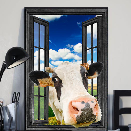 Funny Holstein Cow 3D Wall Art Painting Prints Home Decor Landscape Seen Through Window Scene Wall Mural, 3D Window Wall Decal, Window Wall Mural, Window Wall Sticker, Window Sticker Gift Idea 18x30IN