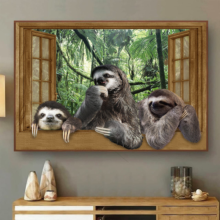 Funny Sloth 3D Wall Art Animals Lover Tropical Forest Ld0576 Lad Landscape Seen Through Window Scene Wall Mural, 3D Window Wall Decal, Window Wall Mural, Window Wall Sticker, Window Sticker Gift Idea 18x30IN