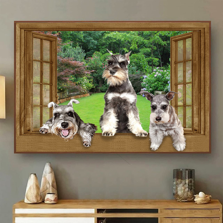 Funny Schnauzer Wall Art 3D Opend Window Home Decor Gift Dogs Lover Landscape Seen Through Window Scene Wall Mural, 3D Window Wall Decal, Window Wall Mural, Window Wall Sticker, Window Sticker Gift Idea 18x30IN