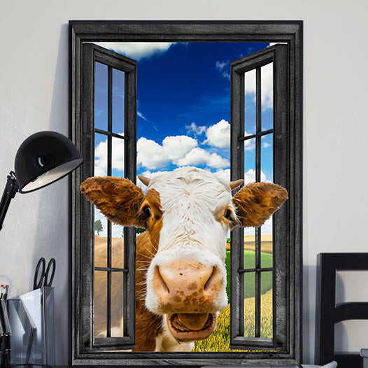 Hereford Cow 3D Wall Art Painting Prints Home Decor Gift Field Landscape Seen Through Window Scene Wall Mural, 3D Window Wall Decal, Window Wall Mural, Window Wall Sticker, Window Sticker Gift Idea 18x30IN