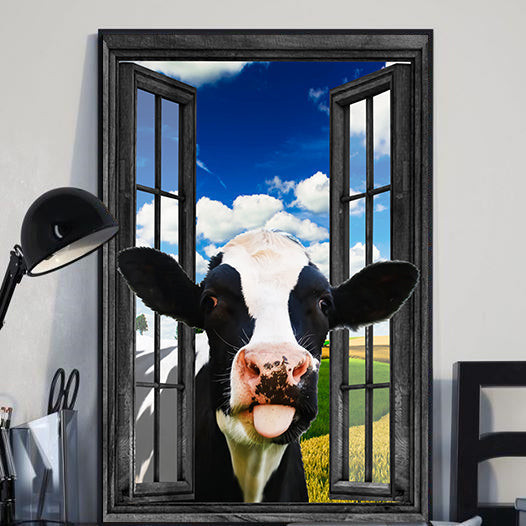 Holstein Cow 3D Wall Art Painting Prints Home Decor Tongue Out Landscape Seen Through Window Scene Wall Mural, 3D Window Wall Decal, Window Wall Mural, Window Wall Sticker, Window Sticker Gift Idea 18x30IN