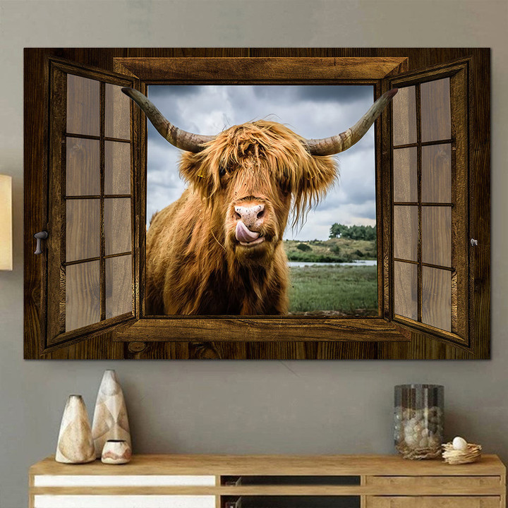 Highland Cow 3D Wall Art Painting Art Home Decor Cowtongue Out Gift For Cattle Lover Landscape Seen Through Window Scene Wall Mural, 3D Window Wall Decal, Window Wall Mural, Window Wall Sticker, Window Sticker Gift Idea 18x30IN
