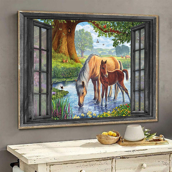 Horse 3D Wall Art Painting Wall Art Decor Horse Drinks Water In The Forest Landscape Seen Through Window Scene Wall Mural, 3D Window Wall Decal, Window Wall Mural, Window Wall Sticker, Window Sticker Gift Idea 18x30IN