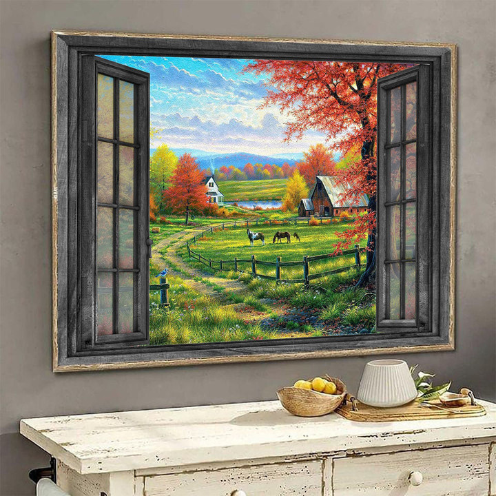Horse 3D Wall Arts Painting Prints Home Decor Green Grass Peaceful Landscape Seen Through Window Scene Wall Mural, 3D Window Wall Decal, Window Wall Mural, Window Wall Sticker, Window Sticker Gift Idea 18x30IN