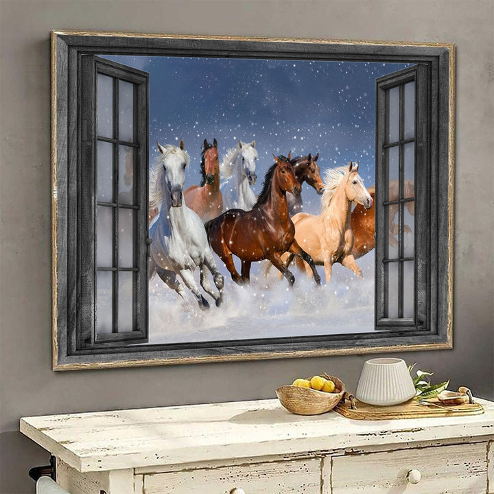 Horse 3D Wall Art Painting Wall Art Decor Horse Runs On Snow Landscape Seen Through Window Scene Wall Mural, 3D Window Wall Decal, Window Wall Mural, Window Wall Sticker, Window Sticker Gift Idea 18x30IN