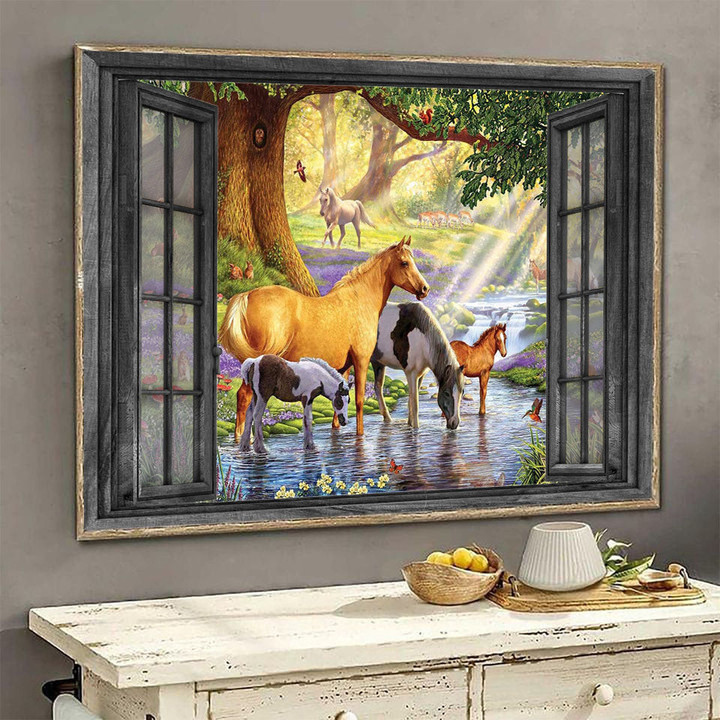 Horse 3D Wall Art Painting Wall Art Decor Spring Forest Oak Landscape Seen Through Window Scene Wall Mural, 3D Window Wall Decal, Window Wall Mural, Window Wall Sticker, Window Sticker Gift Idea 18x30IN