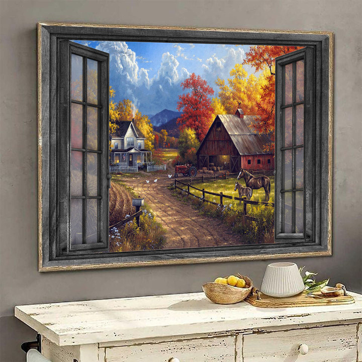 Horse 3D Wall Arts Painting Prints Home Decor Peaceful Farm Landscape Seen Through Window Scene Wall Mural, 3D Window Wall Decal, Window Wall Mural, Window Wall Sticker, Window Sticker Gift Idea 18x30IN