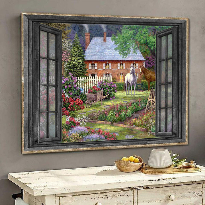 Horse Flowers 3D Wall Arts Painting Prints Home Decor Peaceful Farm Landscape Seen Through Window Scene Wall Mural, 3D Window Wall Decal, Window Wall Mural, Window Wall Sticker, Window Sticker Gift Idea 18x30IN