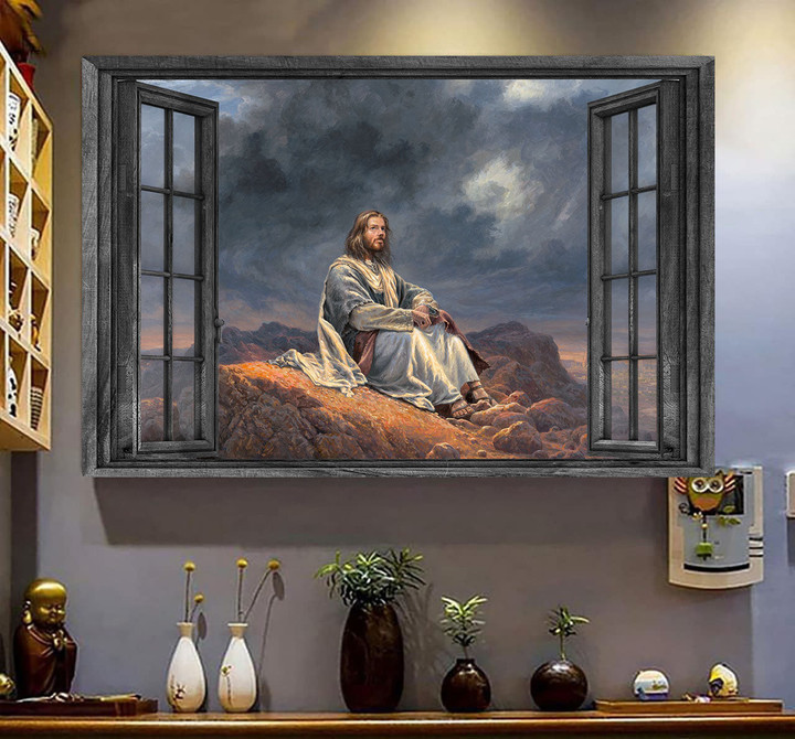 Jesus 3D Wall Art Painting Art Thanks For God Jesus Saves My Life Godfather Home Decoration Landscape Seen Through Window Scene Wall Mural, 3D Window Wall Decal, Window Wall Mural, Window Wall Sticker, Window Sticker Gift Idea 18x30IN
