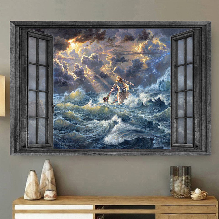 Jesus 3D Wall Art Painting Art Wall Decor Godfather Save My Life Landscape Seen Through Window Scene Wall Mural, 3D Window Wall Decal, Window Wall Mural, Window Wall Sticker, Window Sticker Gift Idea 18x30IN