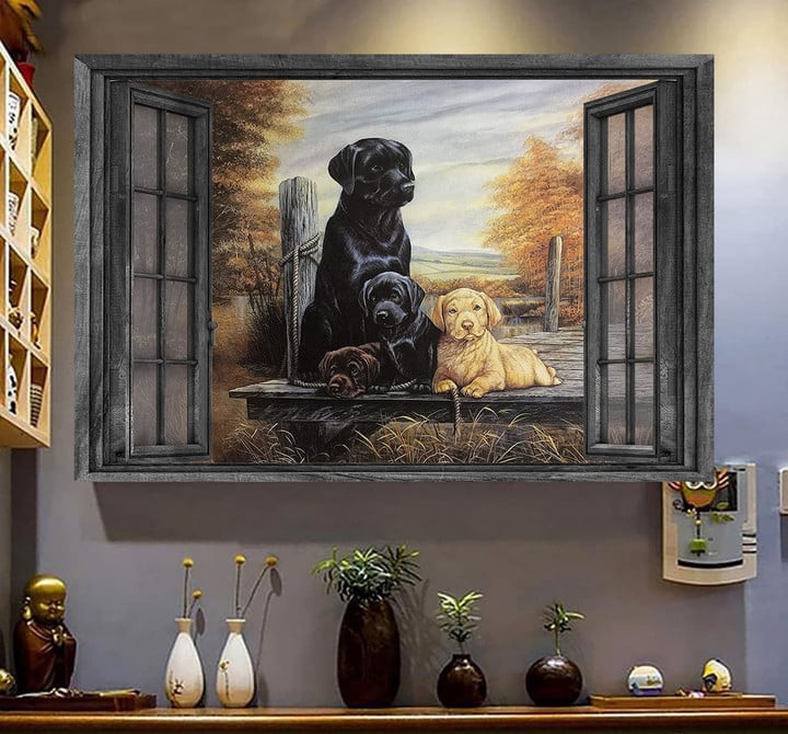 Labrador Family Hunting Wall Art 3D Painting Art Dog Lovers Home Decoration Landscape Seen Through Window Scene Wall Mural, 3D Window Wall Decal, Window Wall Mural, Window Wall Sticker, Window Sticker Gift Idea 18x30IN