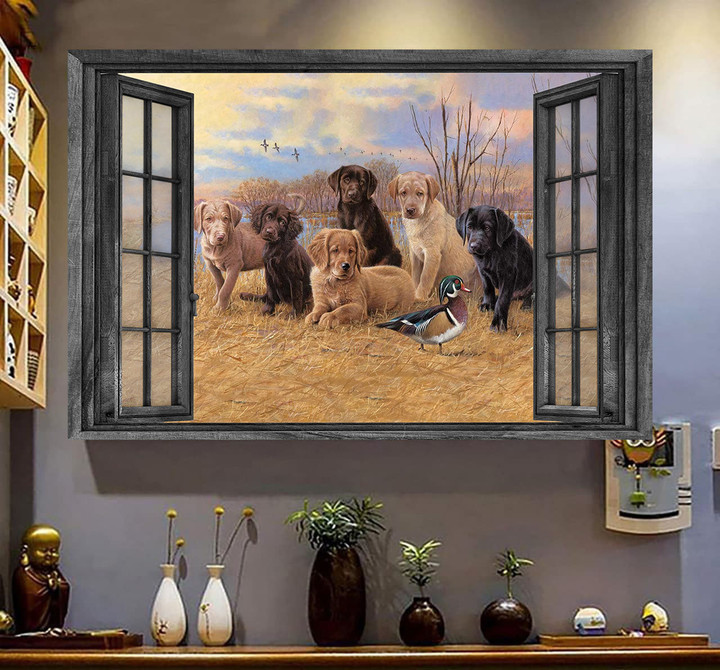 Labrador Puppies Hunting Wall Art 3D Painting Art Dog Lovers Home Decoration Landscape Seen Through Window Scene Wall Mural, 3D Window Wall Decal, Window Wall Mural, Window Wall Sticker, Window Sticker Gift Idea 18x30IN