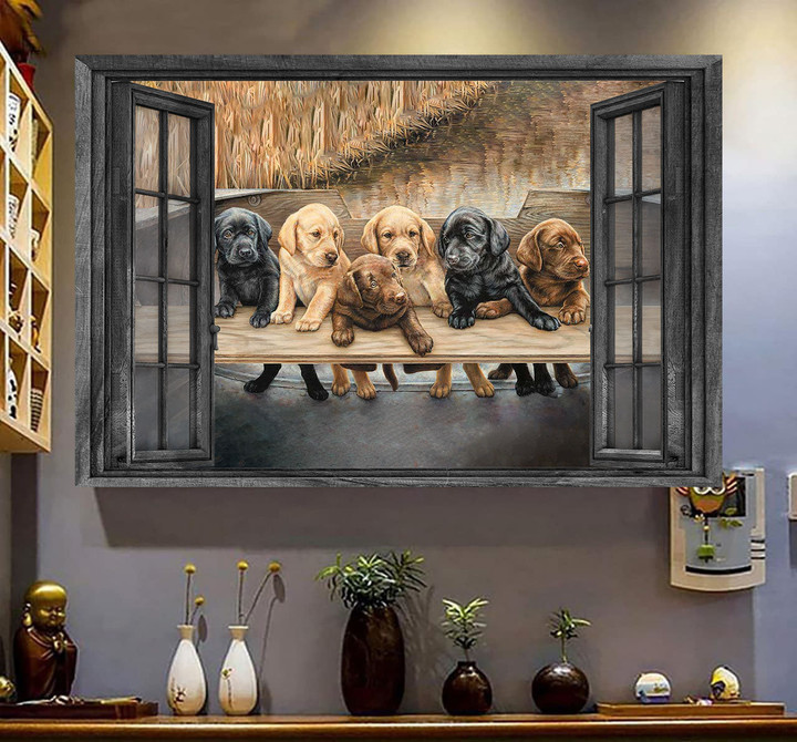 Labrador Puppies 3D Wall Art Painting Art Dog Lovers Home Decoration Landscape Seen Through Window Scene Wall Mural, 3D Window Wall Decal, Window Wall Mural, Window Wall Sticker, Window Sticker Gift Idea 18x30IN