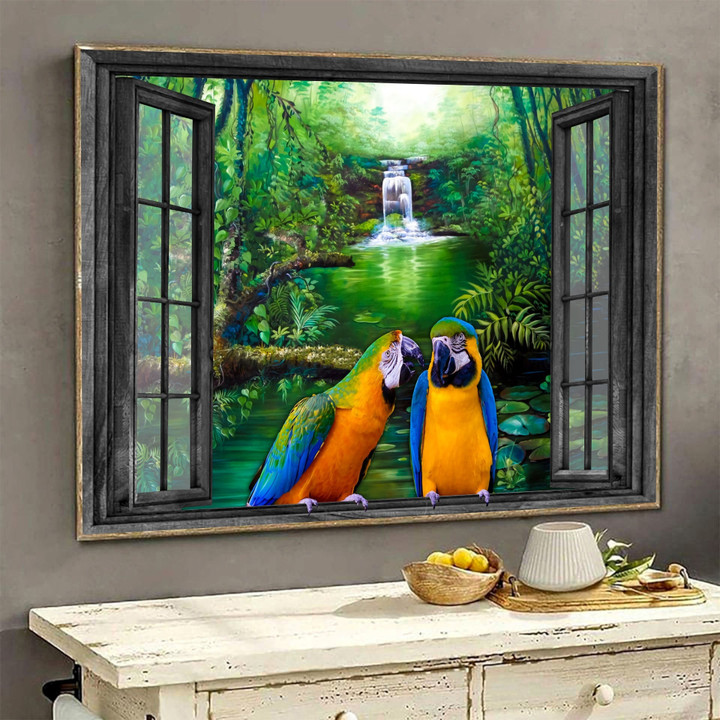 Parrot 3D Wall Art Painting Art Home Decor Blue Yellow Mascau Gift For Bird Lover Landscape Seen Through Window Scene Wall Mural, 3D Window Wall Decal, Window Wall Mural, Window Wall Sticker, Window Sticker Gift Idea 18x30IN