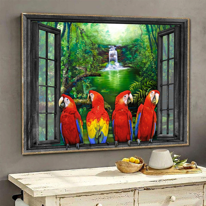 Parrot 3D Wall Art Painting Art Home Decor Scarlet Macaw Gift For Bird Lover Landscape Seen Through Window Scene Wall Mural, 3D Window Wall Decal, Window Wall Mural, Window Wall Sticker, Window Sticker Gift Idea 18x30IN