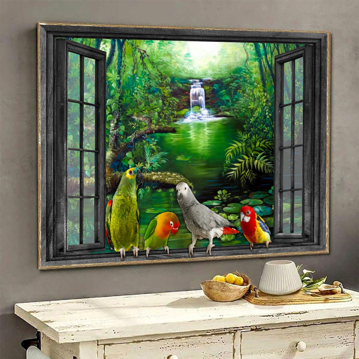 Parrot 3D Wall Art Painting Art Home Decor Gift For Bird Lover Landscape Seen Through Window Scene Wall Mural, 3D Window Wall Decal, Window Wall Mural, Window Wall Sticker, Window Sticker Gift Idea 18x30IN